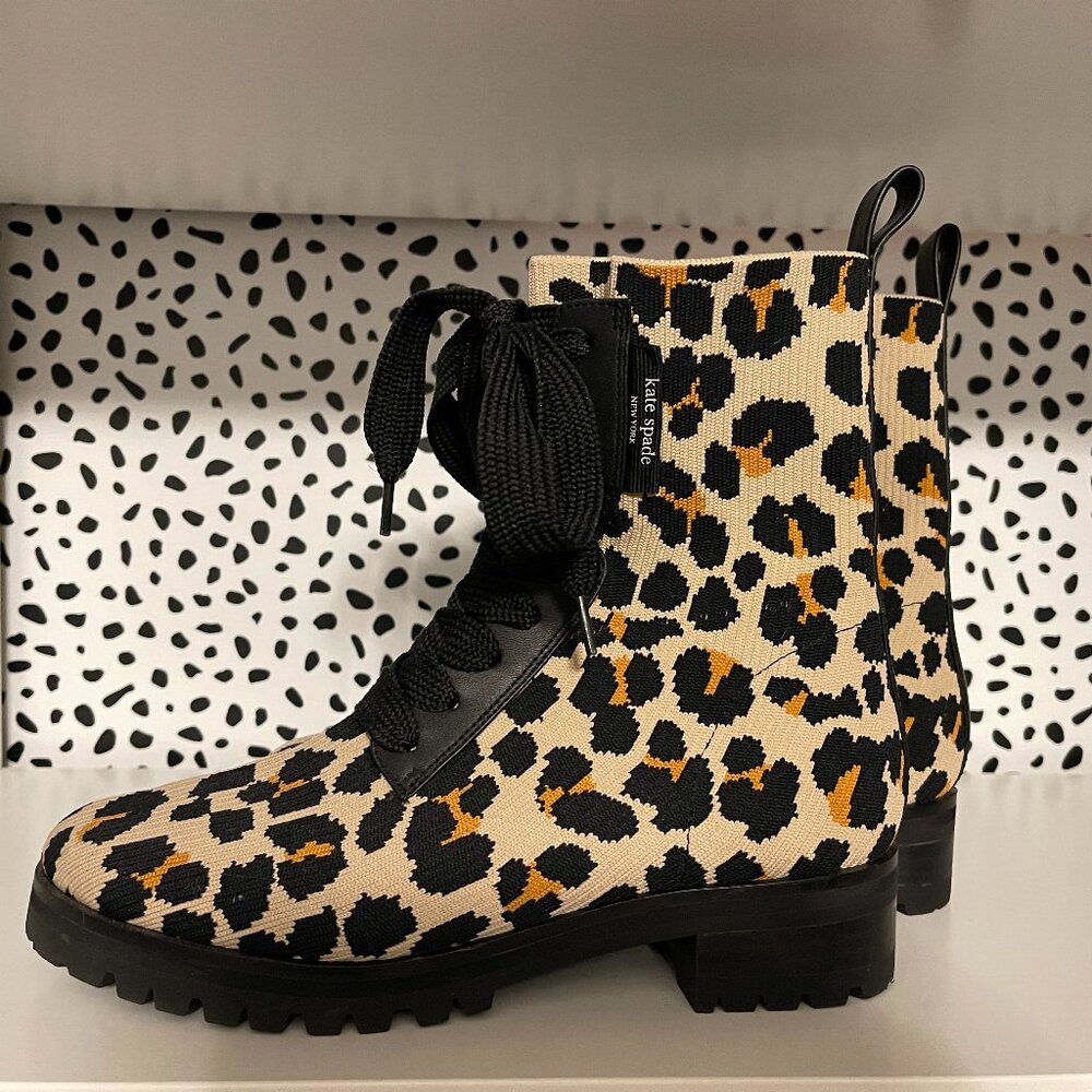 Kate Spade Merigue Knit Boots Forrest Feline Leopard Print 6.5 37 NWOB